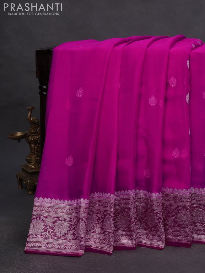 Banarasi chiffon saree pink and red with silver zari woven buttas and silver zari woven border