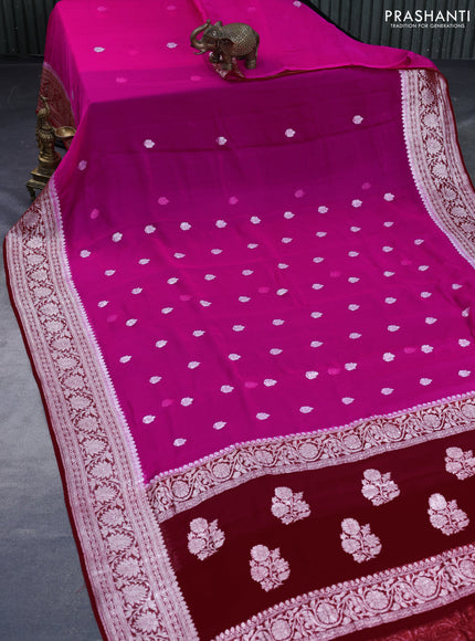 Banarasi chiffon saree pink and red with silver zari woven buttas and silver zari woven border