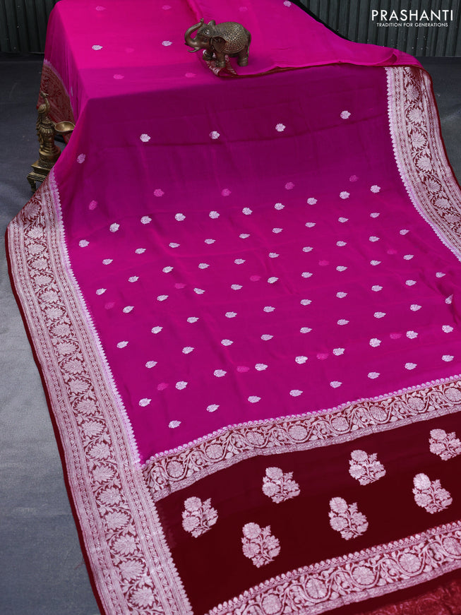 Banarasi chiffon saree pink and red with silver zari woven buttas and silver zari woven border