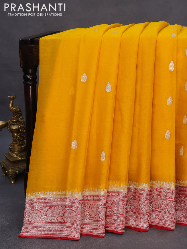 Banarasi chiffon saree mustard yellow and red with silver zari woven buttas and silver zari woven border