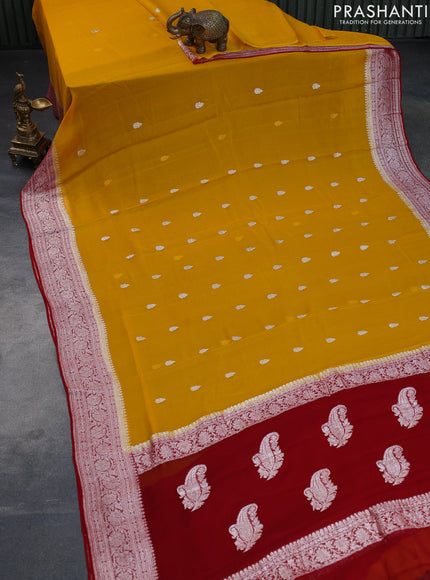 Banarasi chiffon saree mustard yellow and red with silver zari woven buttas and silver zari woven border