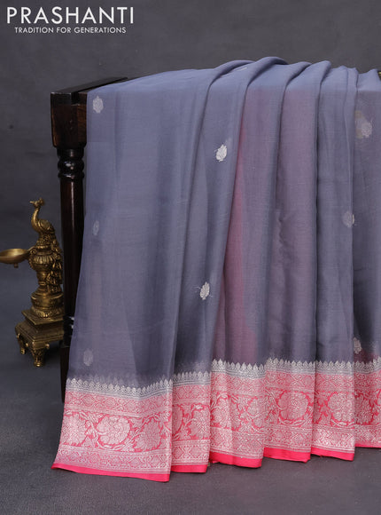 Banarasi chiffon saree grey and peach pink with silver zari woven buttas and silver zari woven border