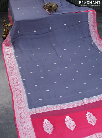 Banarasi chiffon saree grey and peach pink with silver zari woven buttas and silver zari woven border