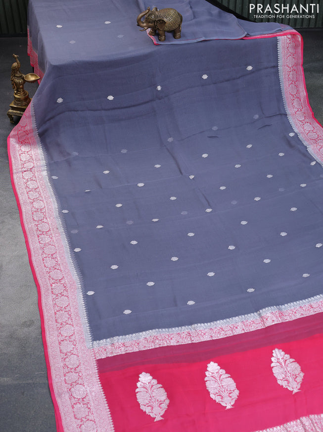 Banarasi chiffon saree grey and peach pink with silver zari woven buttas and silver zari woven border