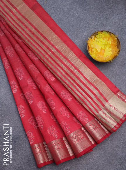 Semi raw silk saree red with butta prints and zari woven border