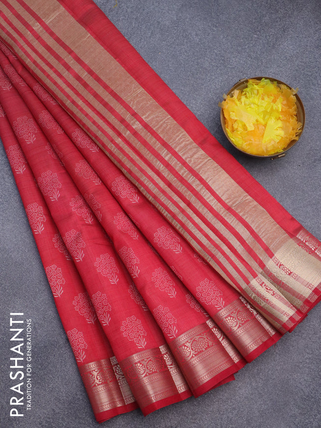 Semi raw silk saree red with butta prints and zari woven border