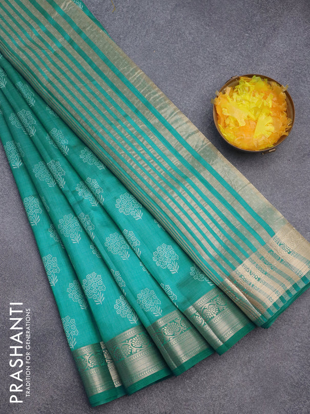 Semi raw silk saree teal blue with butta prints and zari woven border