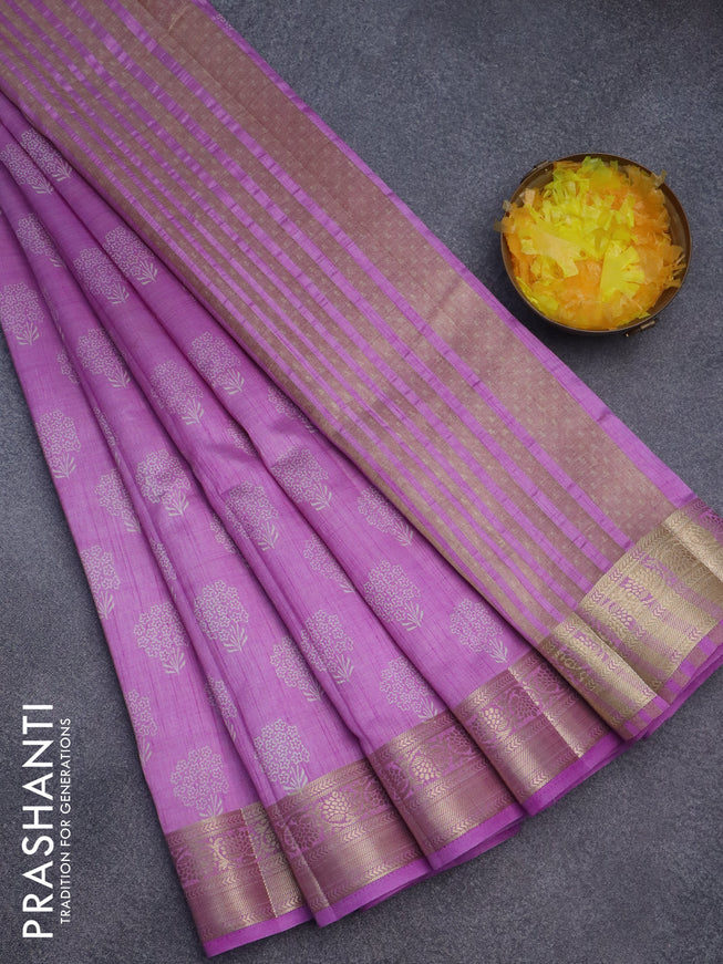 Semi raw silk saree lavender with butta prints and zari woven border