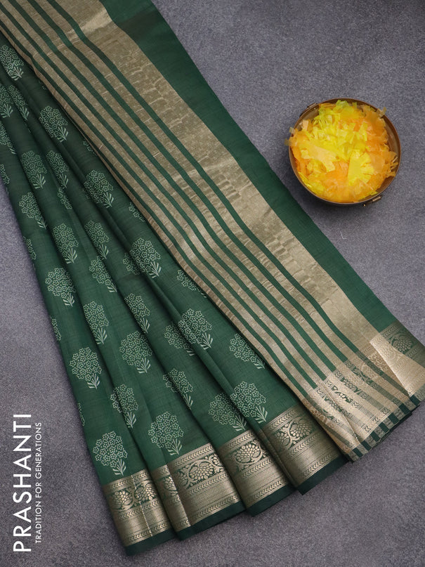 Semi raw silk saree green with butta prints and zari woven border