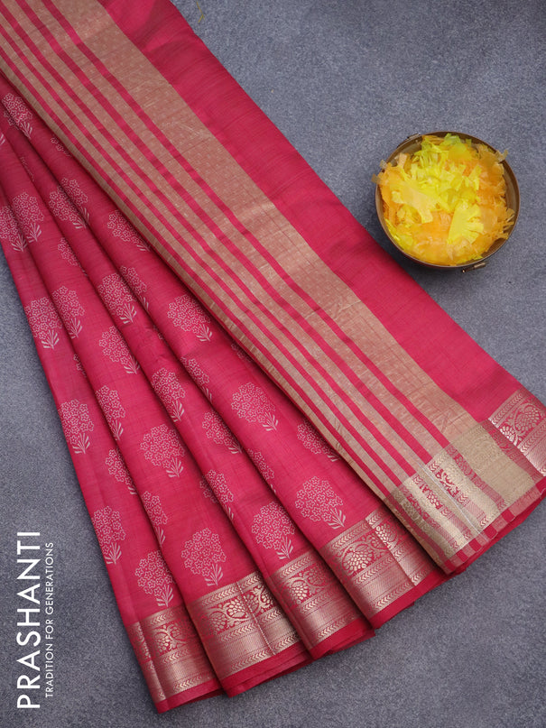 Semi raw silk saree pink with butta prints and zari woven border