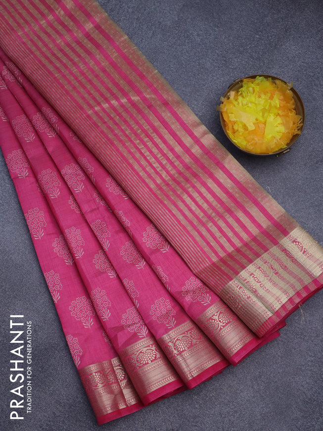 Semi raw silk saree pink with butta prints and zari woven border