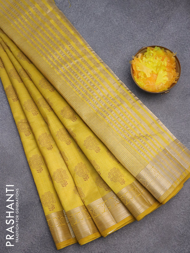 Semi raw silk saree yellow with butta prints and zari woven border