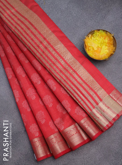 Semi raw silk saree red with butta prints and zari woven border