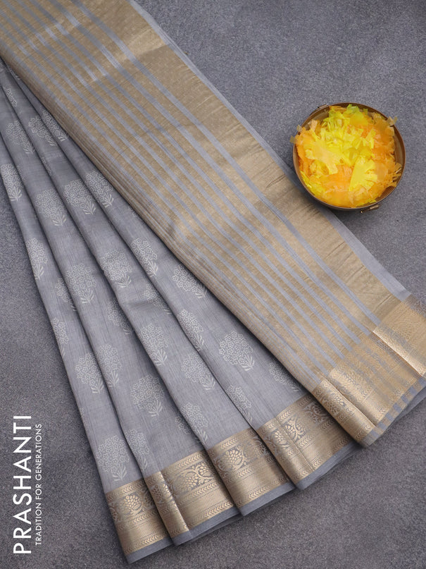 Semi raw silk saree grey with butta prints and zari woven border