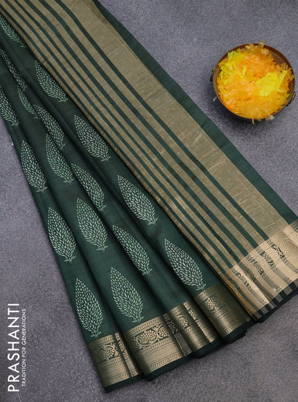 Semi raw silk saree dark green with butta prints and zari woven border