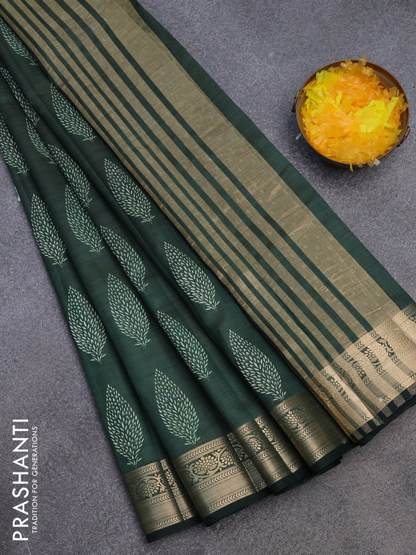 Semi raw silk saree dark green with butta prints and zari woven border