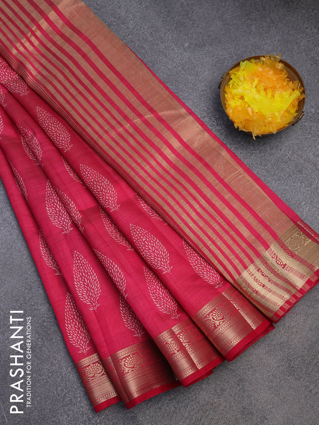 Semi raw silk saree pink with butta prints and zari woven border