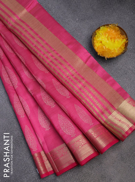 Semi raw silk saree pink with butta prints and zari woven border