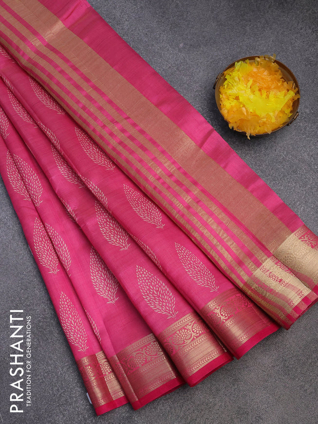 Semi raw silk saree pink with butta prints and zari woven border