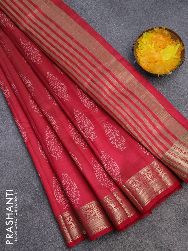 Semi raw silk saree reddish pink with butta prints and zari woven border