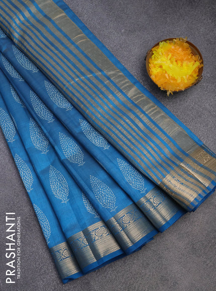 Semi raw silk saree blue with butta prints and zari woven border