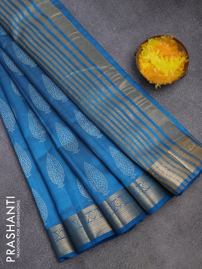 Semi raw silk saree blue with butta prints and zari woven border