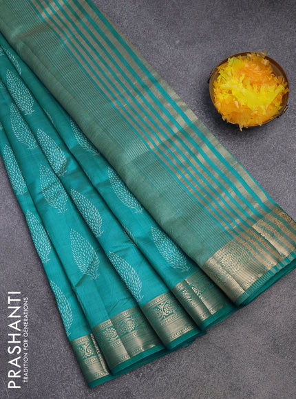 Semi raw silk saree teal blue with butta prints and zari woven border