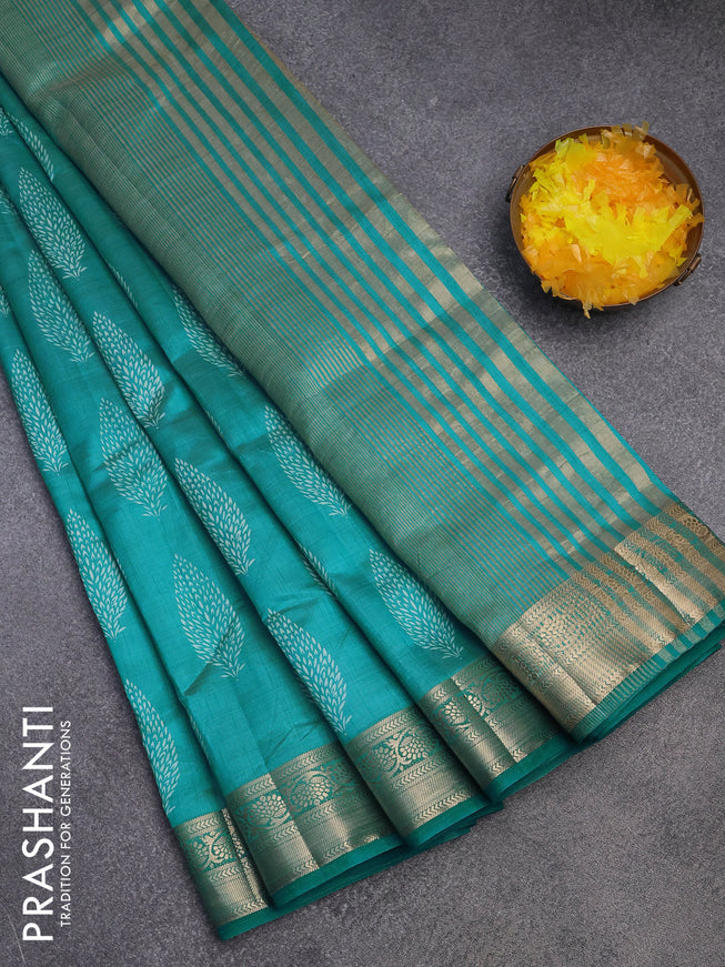 Semi raw silk saree teal blue with butta prints and zari woven border