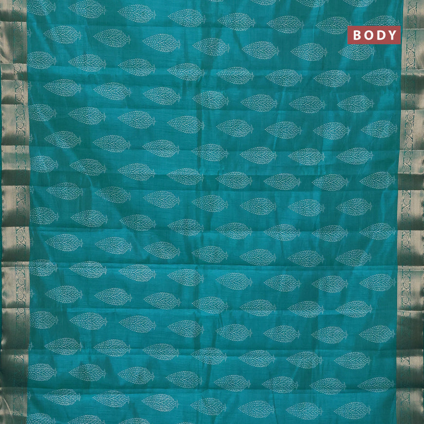 Semi raw silk saree teal blue with butta prints and zari woven border