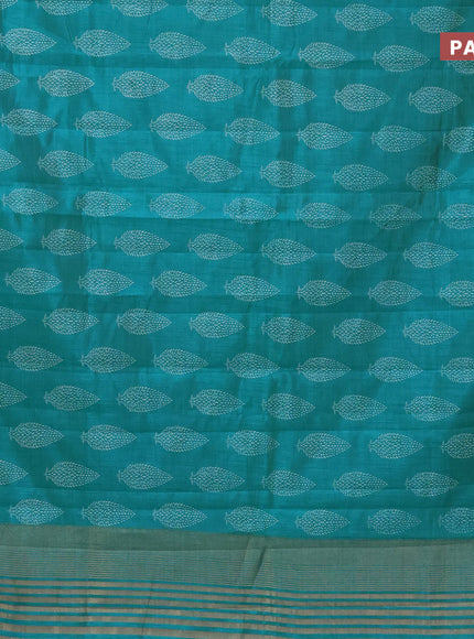 Semi raw silk saree teal blue with butta prints and zari woven border