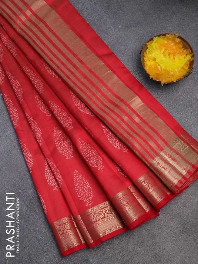 Semi raw silk saree red with butta prints and zari woven border