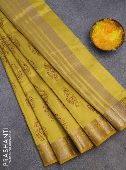 Semi raw silk saree yellow with butta prints and zari woven border