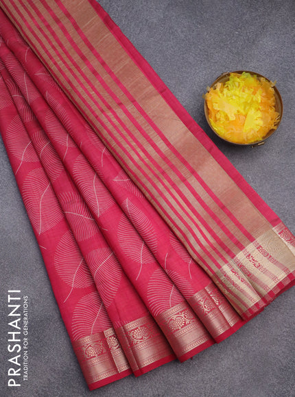 Semi raw silk saree pink with allover leaf prints and zari woven border