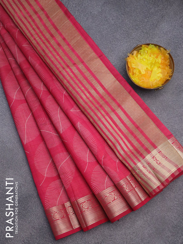 Semi raw silk saree pink with allover leaf prints and zari woven border