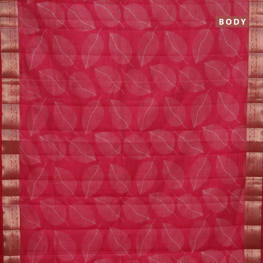 Semi raw silk saree pink with allover leaf prints and zari woven border