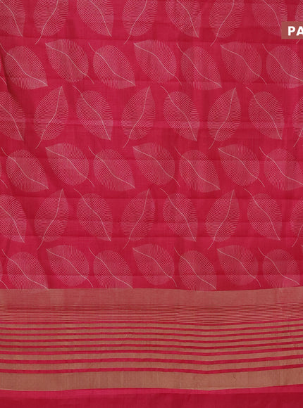 Semi raw silk saree pink with allover leaf prints and zari woven border