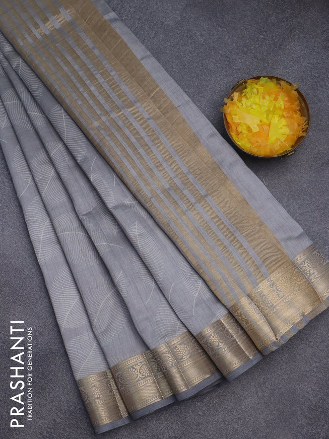 Semi raw silk saree grey with allover leaf prints and zari woven border