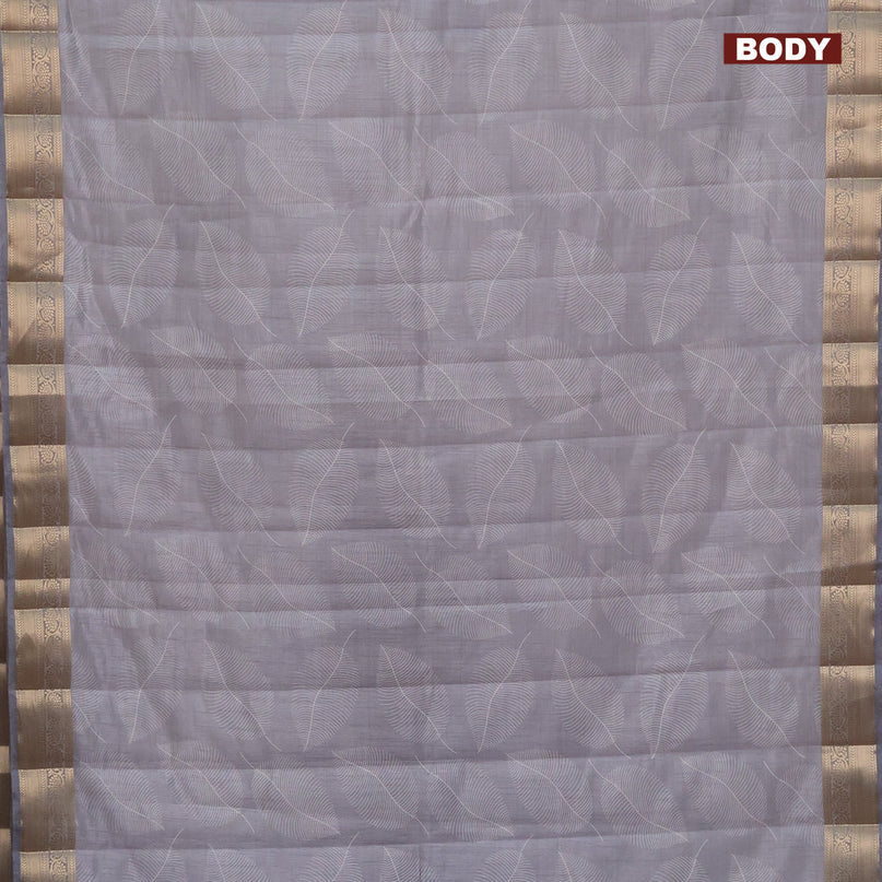 Semi raw silk saree grey with allover leaf prints and zari woven border