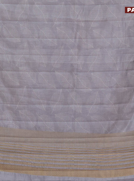 Semi raw silk saree grey with allover leaf prints and zari woven border