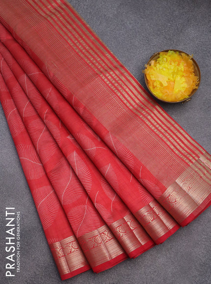 Semi raw silk saree red with allover leaf prints and zari woven border