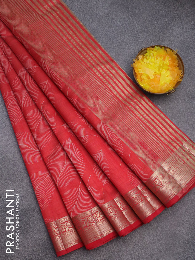 Semi raw silk saree red with allover leaf prints and zari woven border