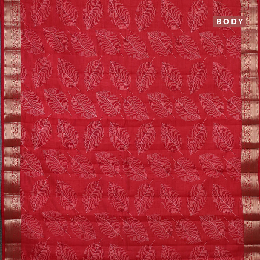 Semi raw silk saree red with allover leaf prints and zari woven border