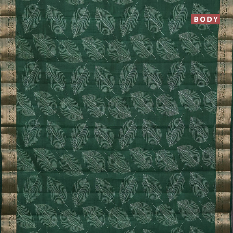 Semi raw silk saree green with allover leaf prints and zari woven border