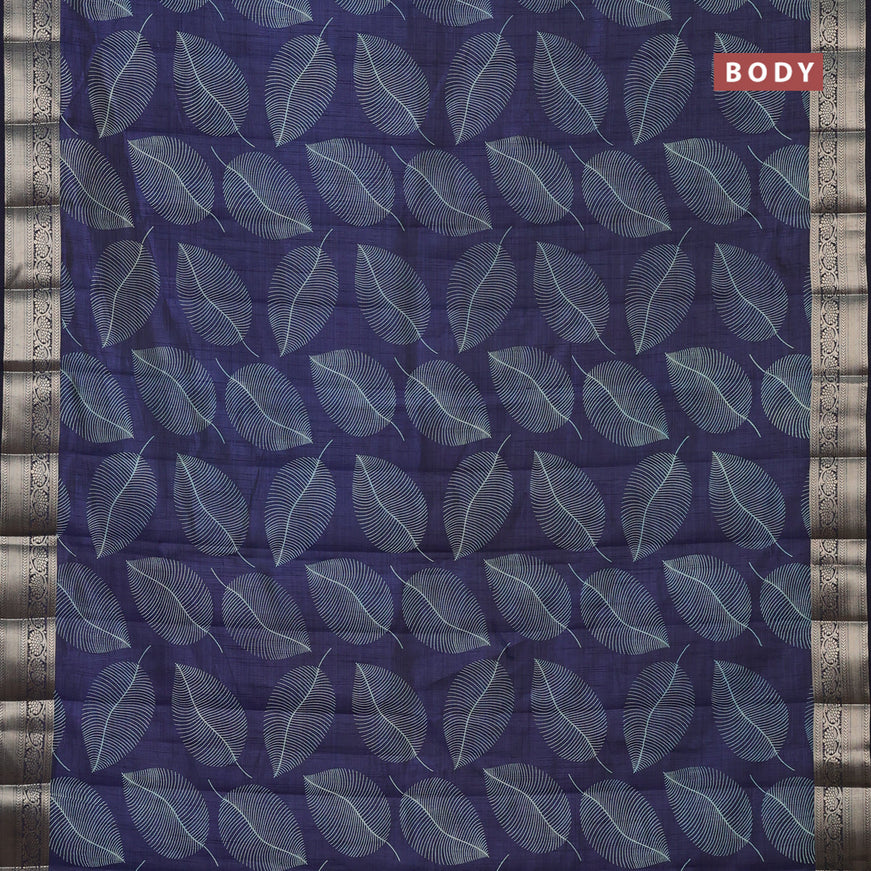 Semi raw silk saree navy blue with allover leaf prints and zari woven border