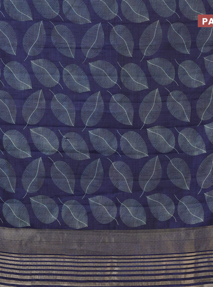 Semi raw silk saree navy blue with allover leaf prints and zari woven border