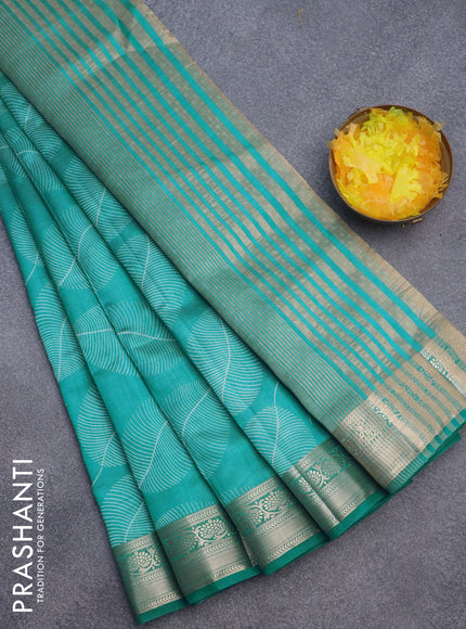 Semi raw silk saree teal blue with allover leaf prints and zari woven border