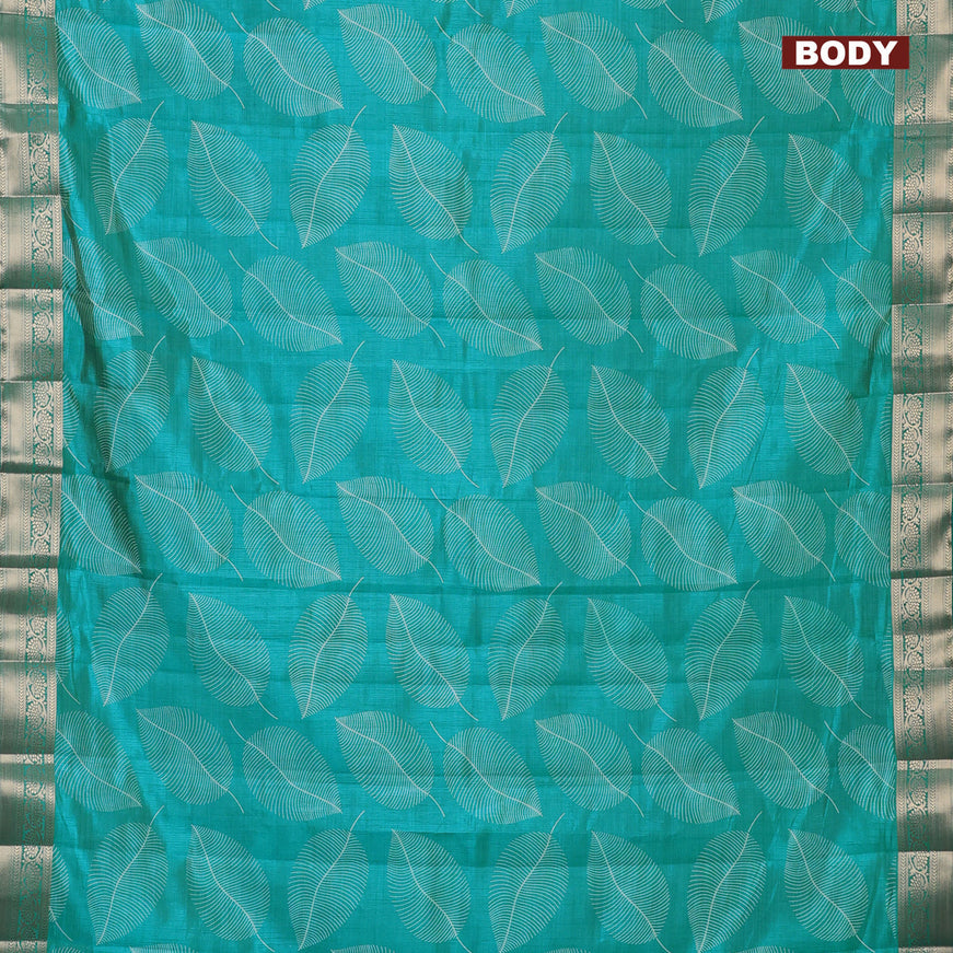 Semi raw silk saree teal blue with allover leaf prints and zari woven border