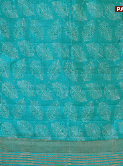 Semi raw silk saree teal blue with allover leaf prints and zari woven border