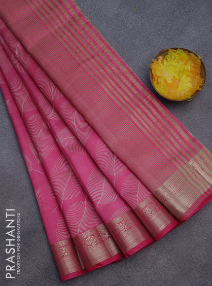 Semi raw silk saree pink with allover leaf prints and zari woven border