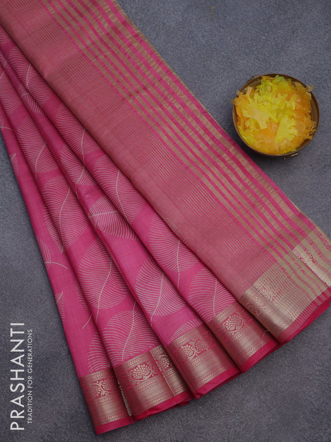 Semi raw silk saree pink with allover leaf prints and zari woven border